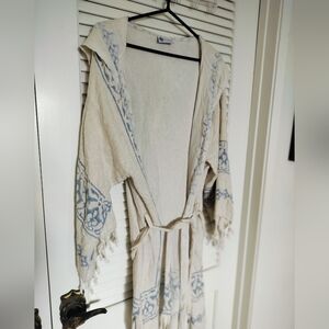 Mandalina Hooded Kimono Ivory Blue Cotton Linen Large/X-Large Beach Cover Up